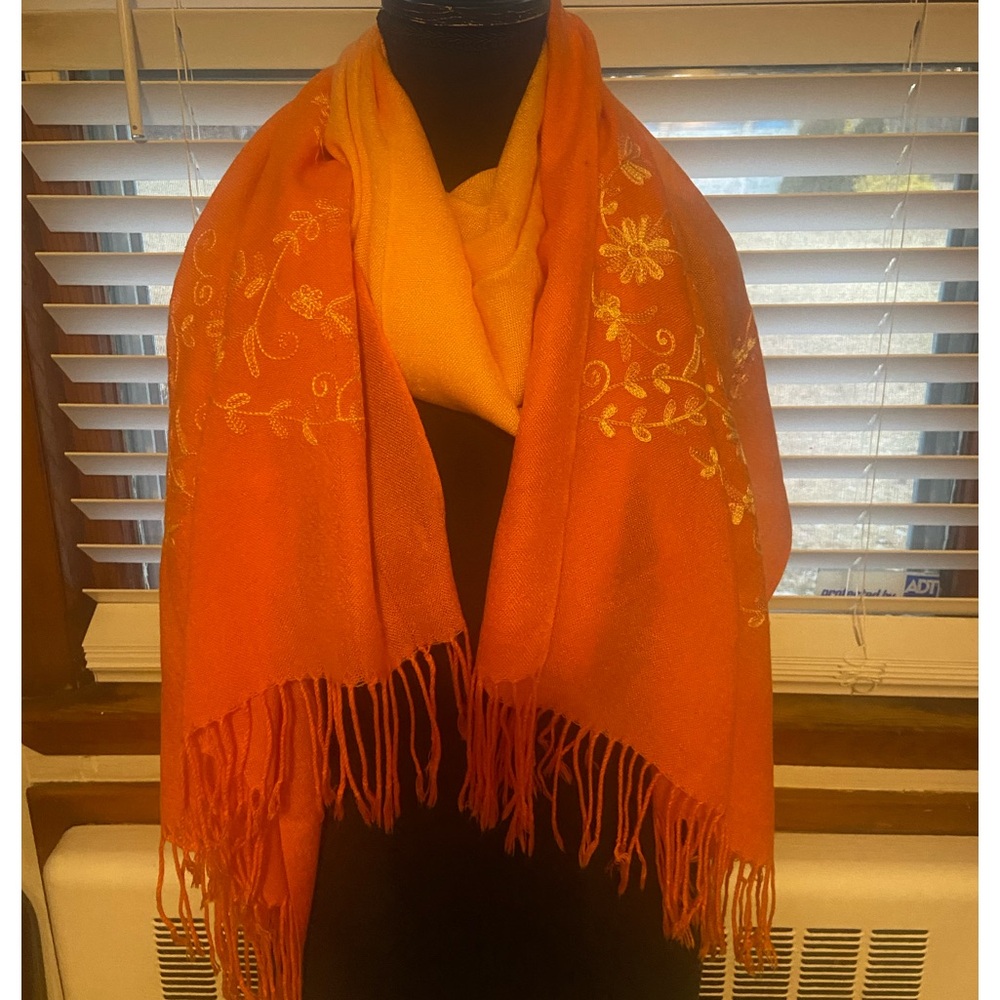 Gorgeous Colorblock Embroidered Orange Scarf/Wrap with Tassels